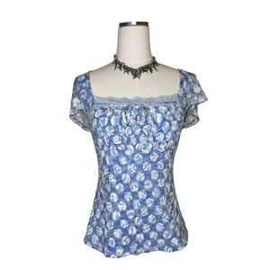 Y2K INC International Concept Blue Abstract Polkadot Lace Milkmaid Top Size L
